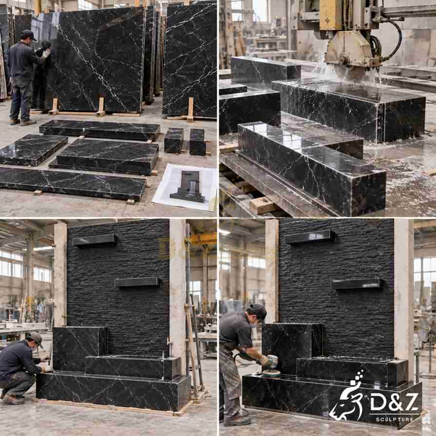 Black marble wall fountain fabrication and assembly process Black marble wall fountain fabrication and assembly process