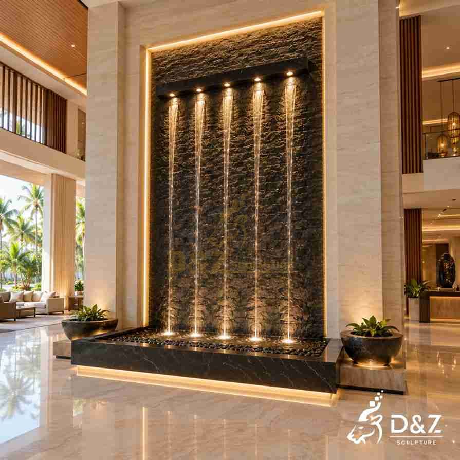 Wide marble wall fountain with multiple illuminated water streams Wide marble wall fountain with multiple illuminated water streams