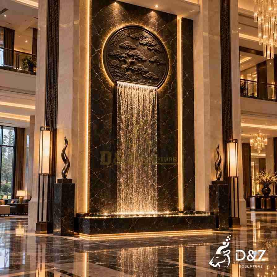Indoor wall fountain with a custom circular relief medallion Indoor wall fountain with a custom circular relief medallion