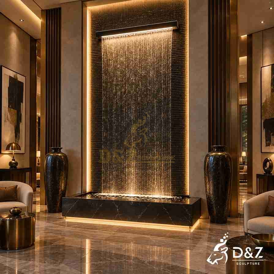 Minimalist black wall fountain with a wide cascading water sheet Minimalist black wall fountain with a wide cascading water sheet