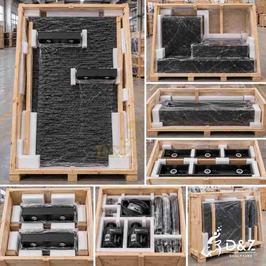 Reinforced export packaging for a custom indoor wall fountain Reinforced export packaging for a custom indoor wall fountain