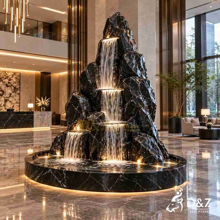 Side view of a freestanding zen indoor water fountain with tiered black marble rocks Side view of a freestanding zen indoor water fountain with tiered black marble rocks