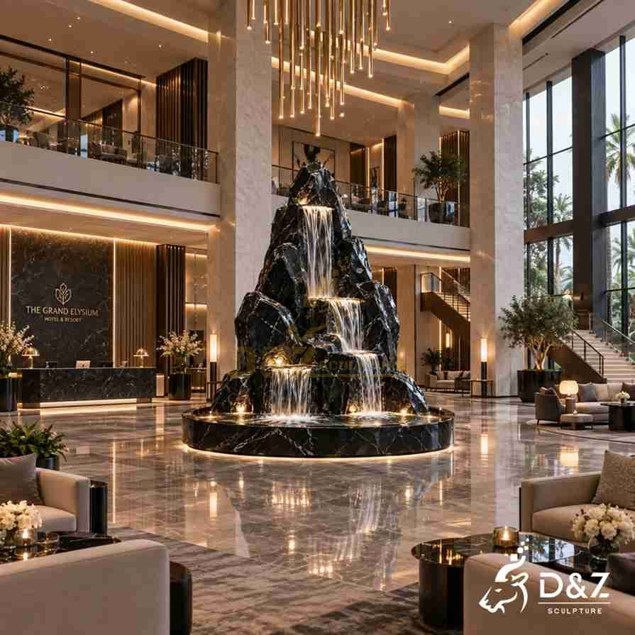 Three-meter black marble indoor rock fountain installed in a spacious hotel lobby Three-meter black marble indoor rock fountain installed in a spacious hotel lobby