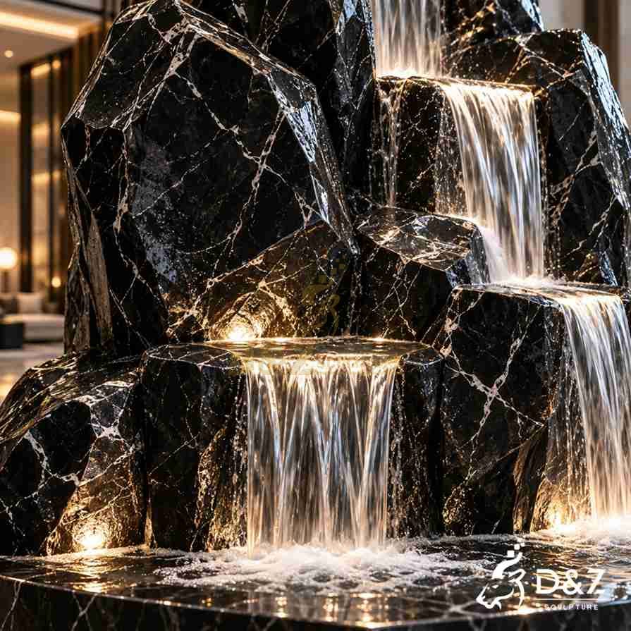 Close-up of polished black marble, illuminated spillways, and cascading water details Close-up of polished black marble, illuminated spillways, and cascading water details