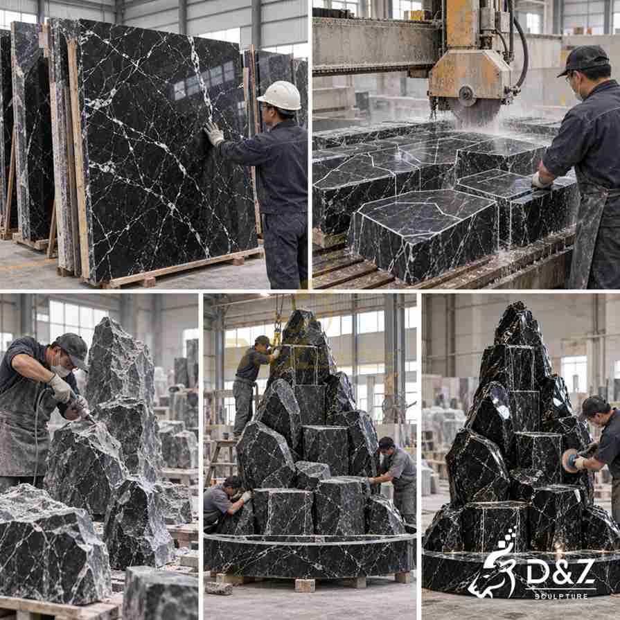 Black marble fountain production process showing stone selection, cutting, carving, assembly, and polishing Black marble fountain production process showing stone selection, cutting, carving, assembly, and polishing