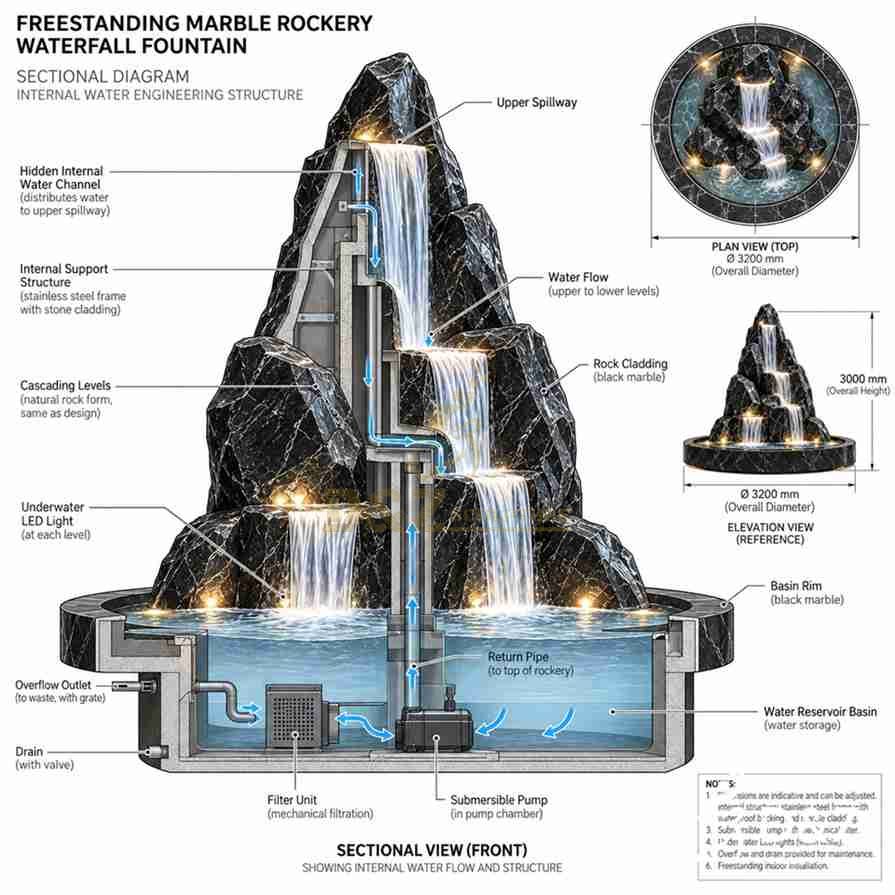 Sectional drawing of a zen indoor fountain with pump, filter, reservoir, pipes, lights, and internal frame Sectional drawing of a zen indoor fountain with pump, filter, reservoir, pipes, lights, and internal frame