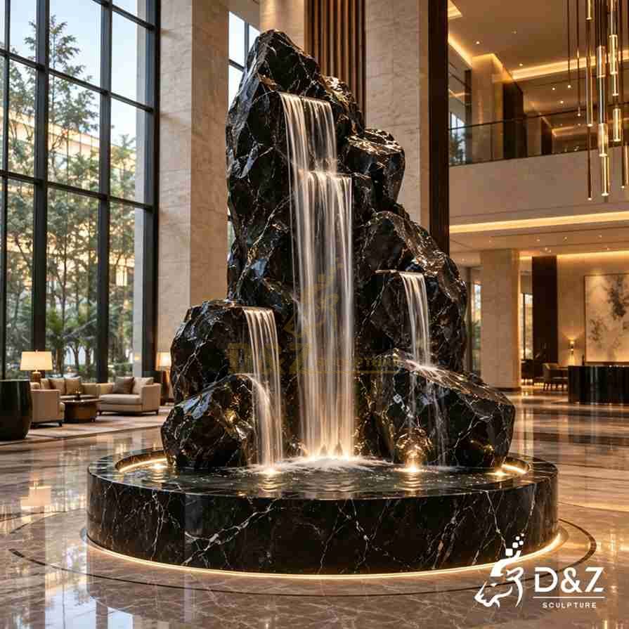 Asymmetrical black marble fountain with one main waterfall, side streams, and a circular basin Asymmetrical black marble fountain with one main waterfall, side streams, and a circular basin