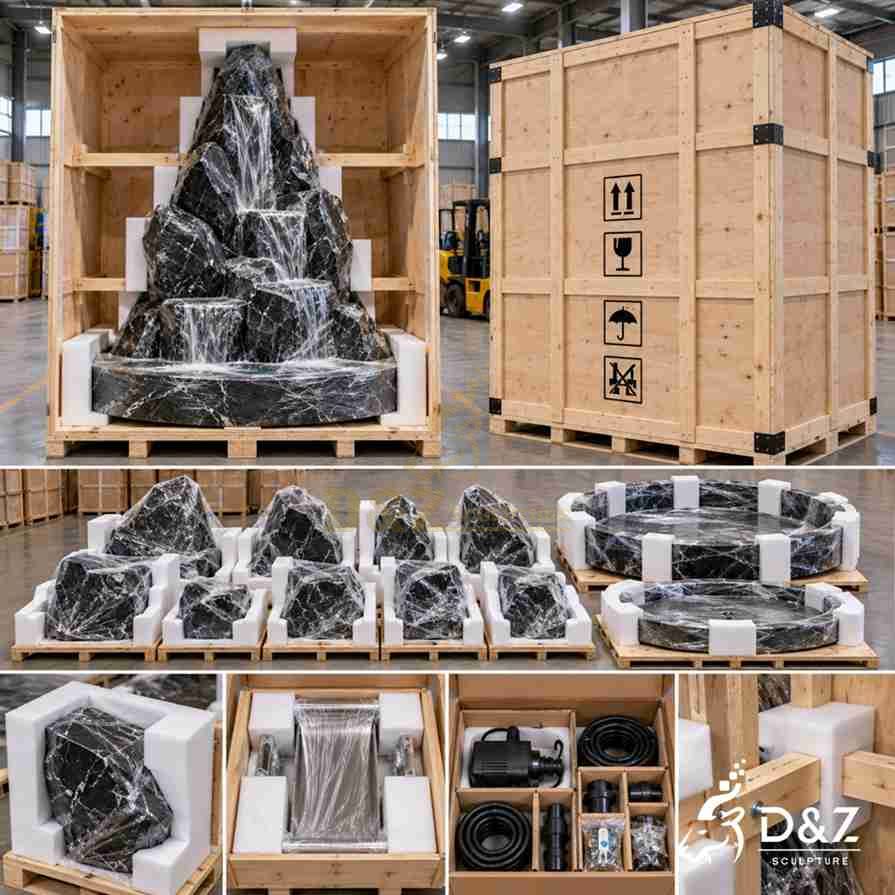 Modular black marble fountain components protected with foam, film, pallets, and reinforced wooden crates Modular black marble fountain components protected with foam, film, pallets, and reinforced wooden crates