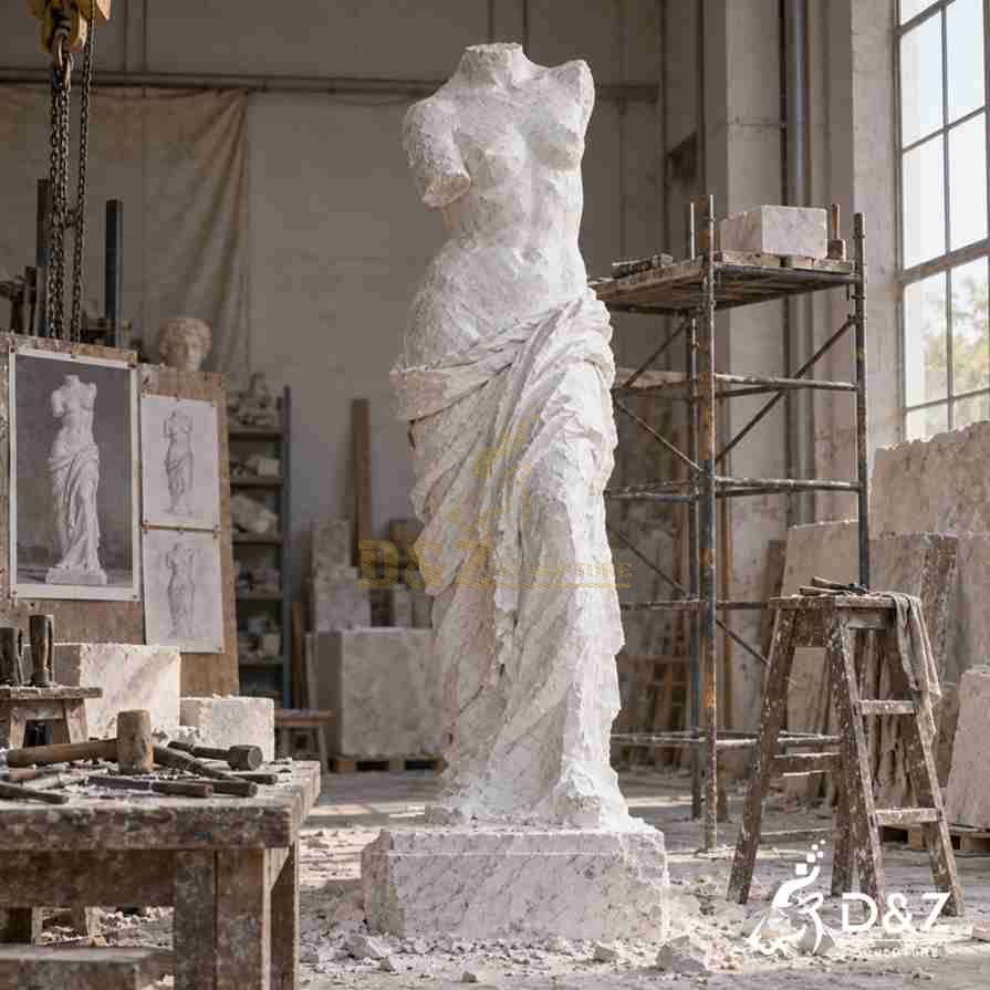 Rough carving stage of a large headless Venus statue in the D&Z workshop