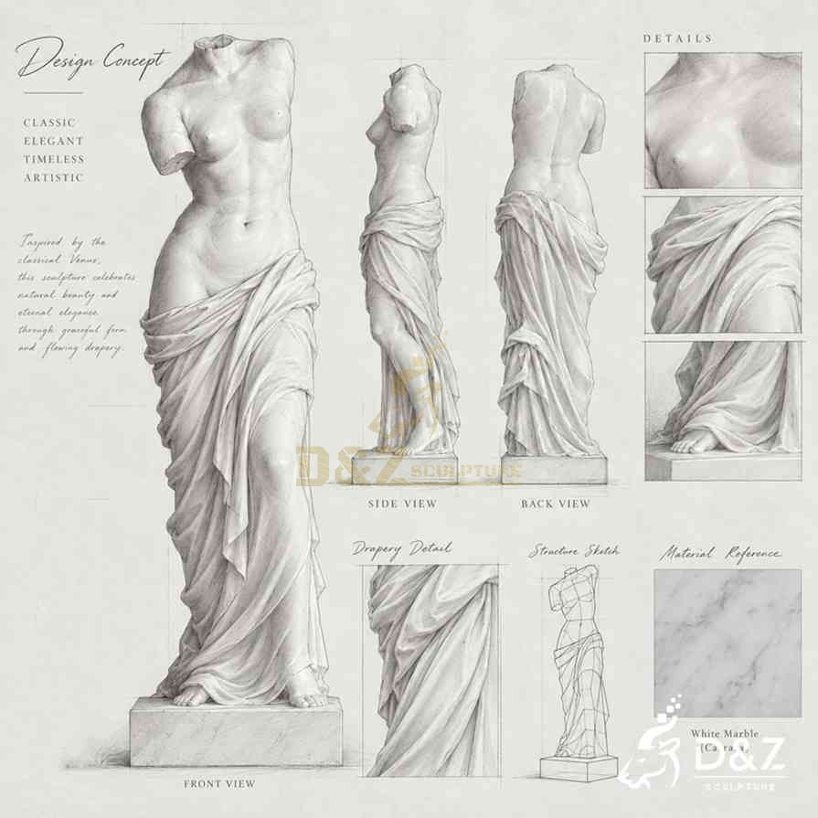 Headless Venus statue design drawing with front side back and marble details