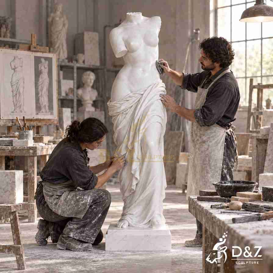 Artisans hand-finishing a white marble headless Venus statue and drapery
