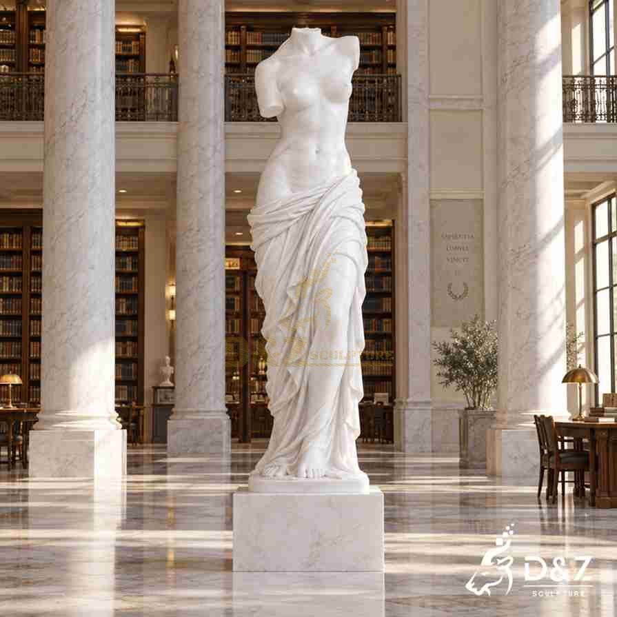 Monumental headless Venus statue displayed in a classical library atrium