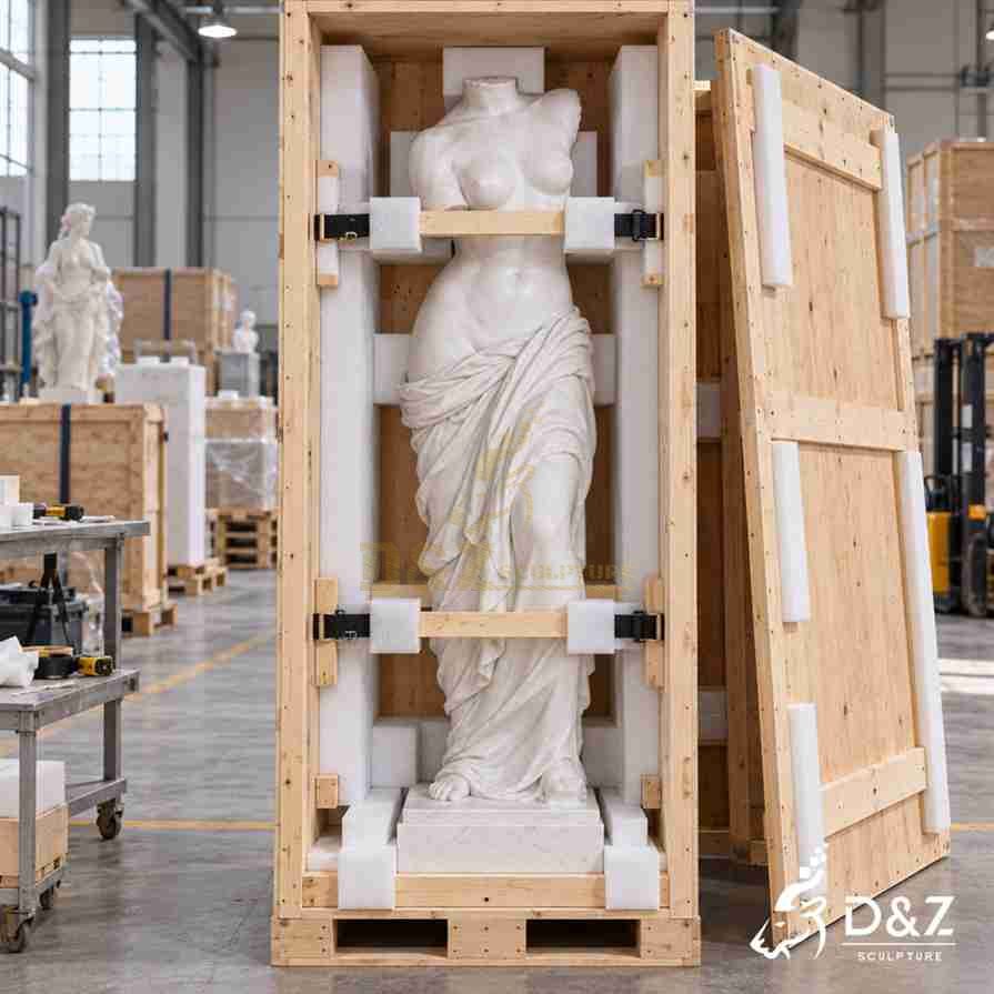 Headless Venus marble statue secured in a reinforced export wooden crate