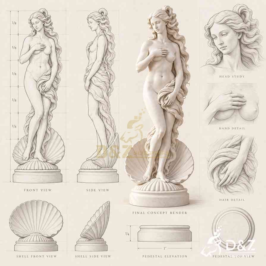Sketches and details of the Birth of Venus statue