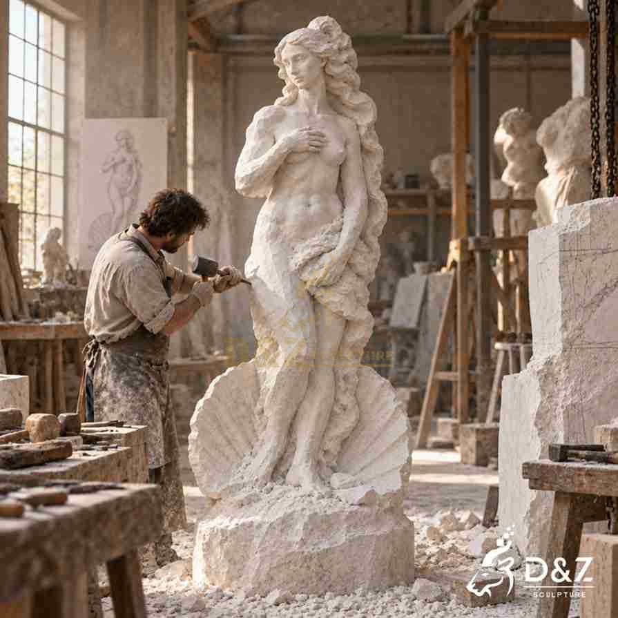 Detailed carving of large marble Venus statue