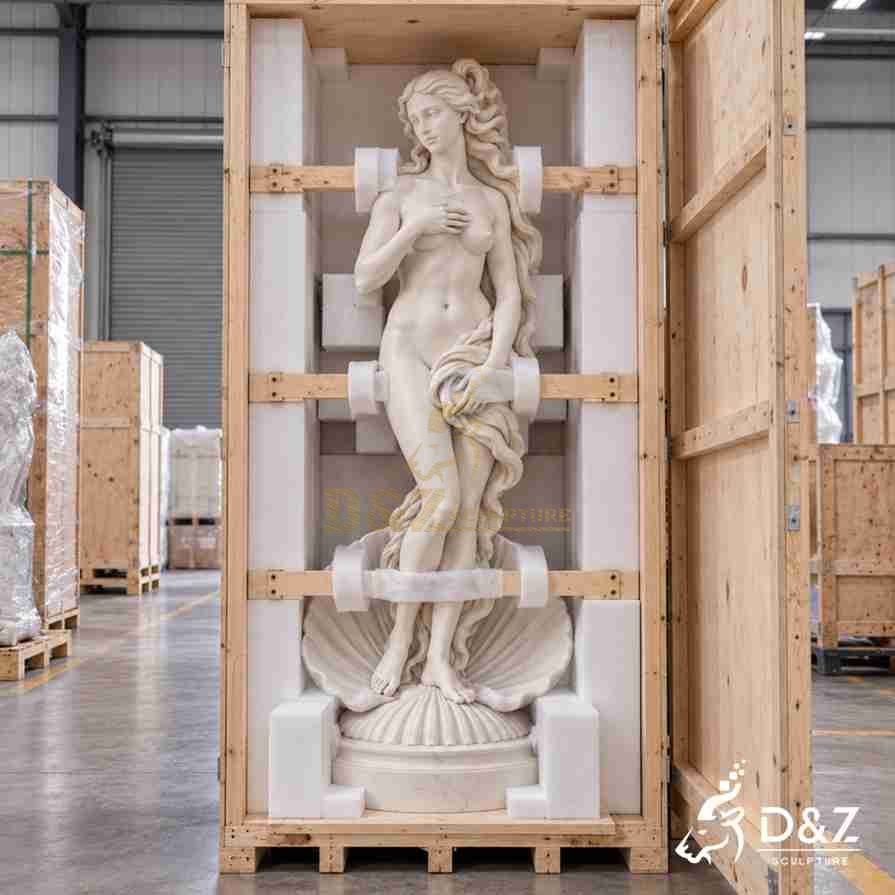 Wooden export crate protecting a large marble Venus statue