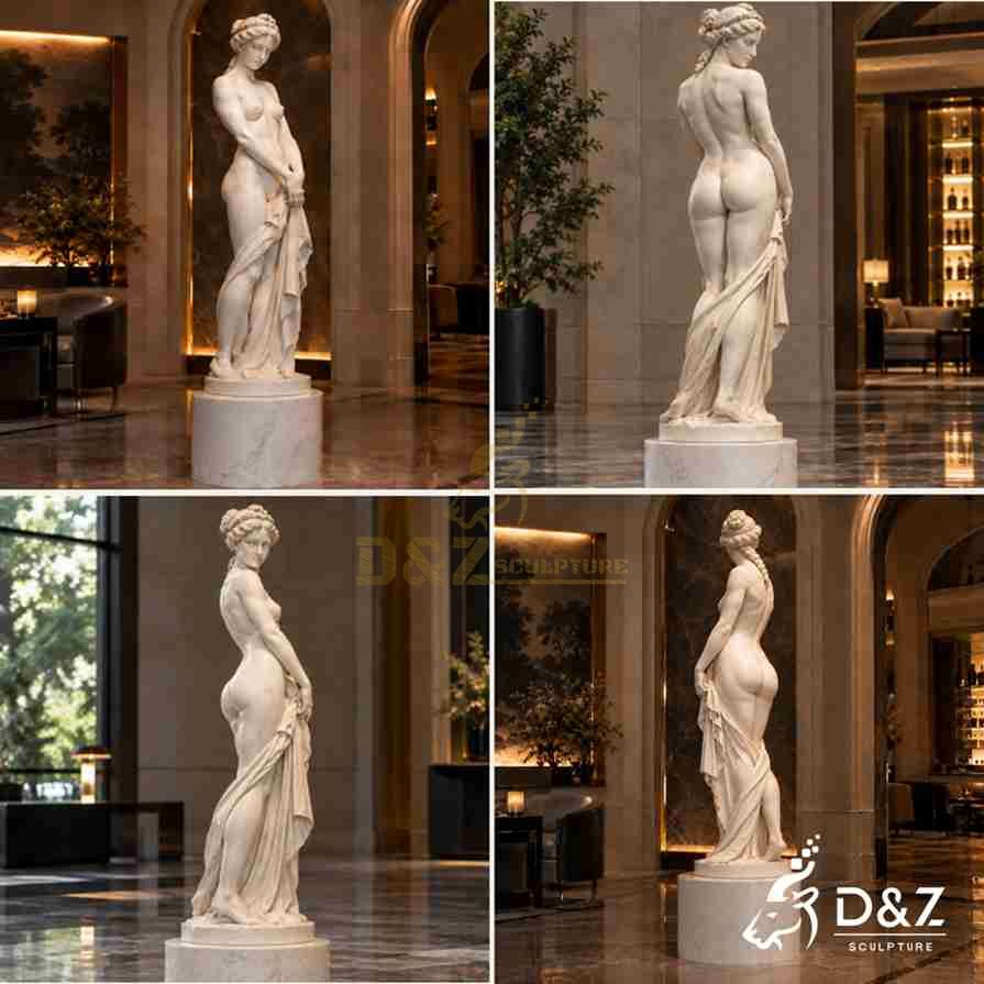 Four views of white marble Callipygian Venus statue, multi-angle shot for villa and art project decoration