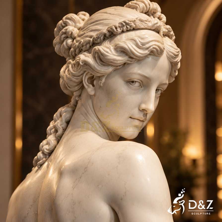 Four views of white marble Callipygian Venus statue, multi-angle shot for villa and art project decoration