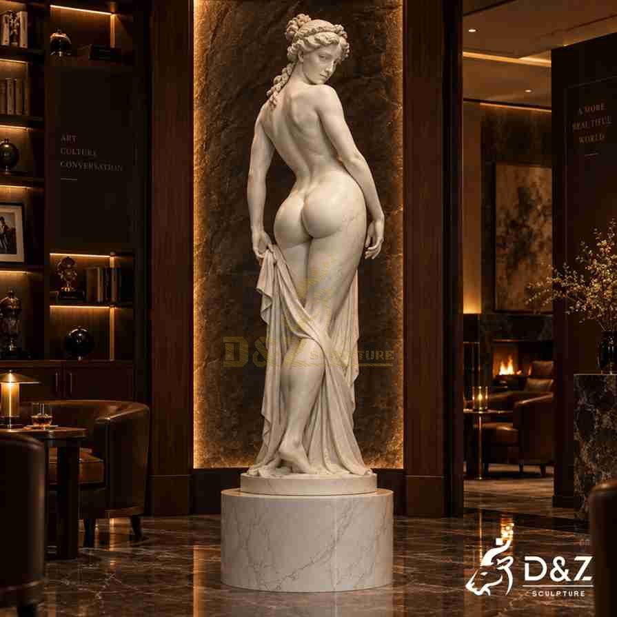 Large white marble Callipygian Venus statue placed in luxury home interior, wooden background wall