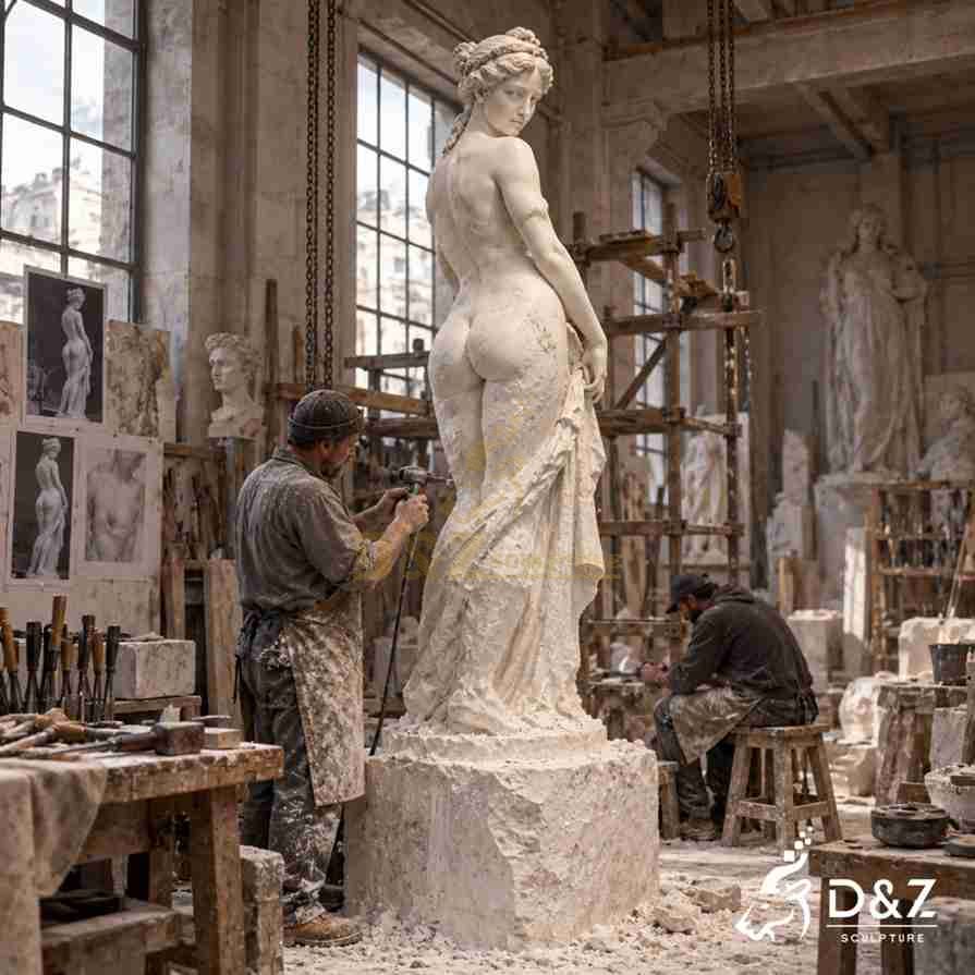 Craftsman hand carving Callipygian Venus marble sculpture in stone workshop, production process photo