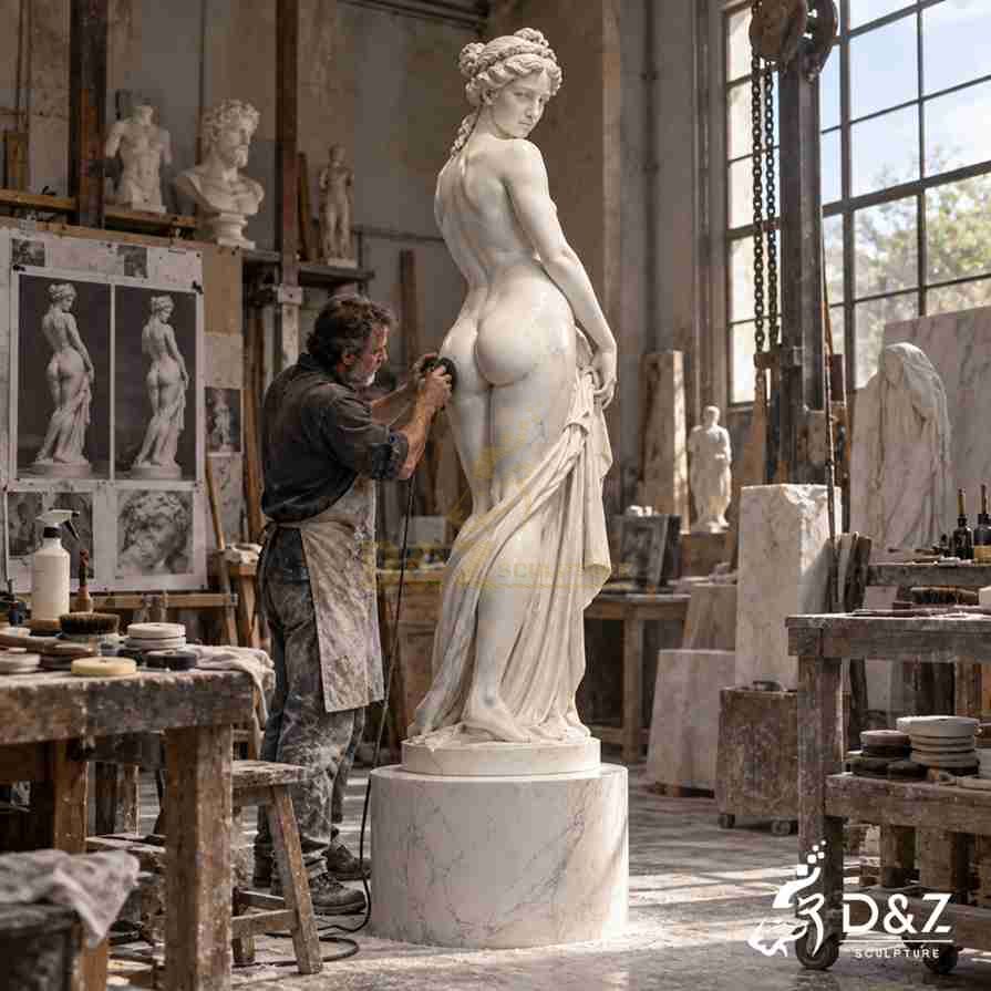 D&Z Sculpture craftsman polishing white marble Callipygian Venus statue in stone workshop, hand carved craftsmanship process