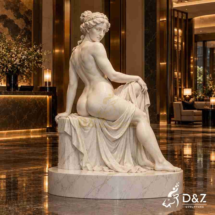Seated white marble Callipygian Venus statue installed in luxury hotel lobby, glossy marble floor reflection, five-star hotel interior decoration