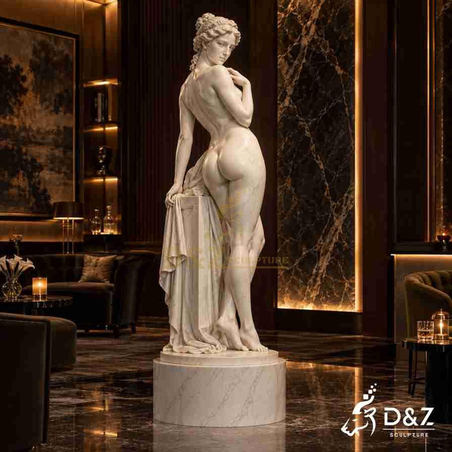 Life size standing white marble Callipygian Venus statue leaning on pillar, dark luxury hotel lounge and bar interior decoration