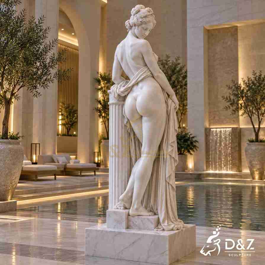 White marble Callipygian Venus statue placed in luxury indoor SPA pool area, wellness resort and spa project decoration