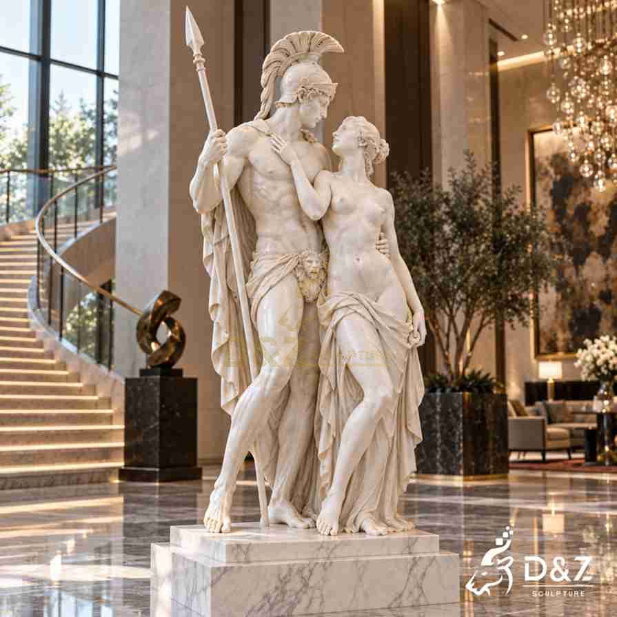 Large marble Mars and Venus statue in a modern luxury lobby with classical Roman design