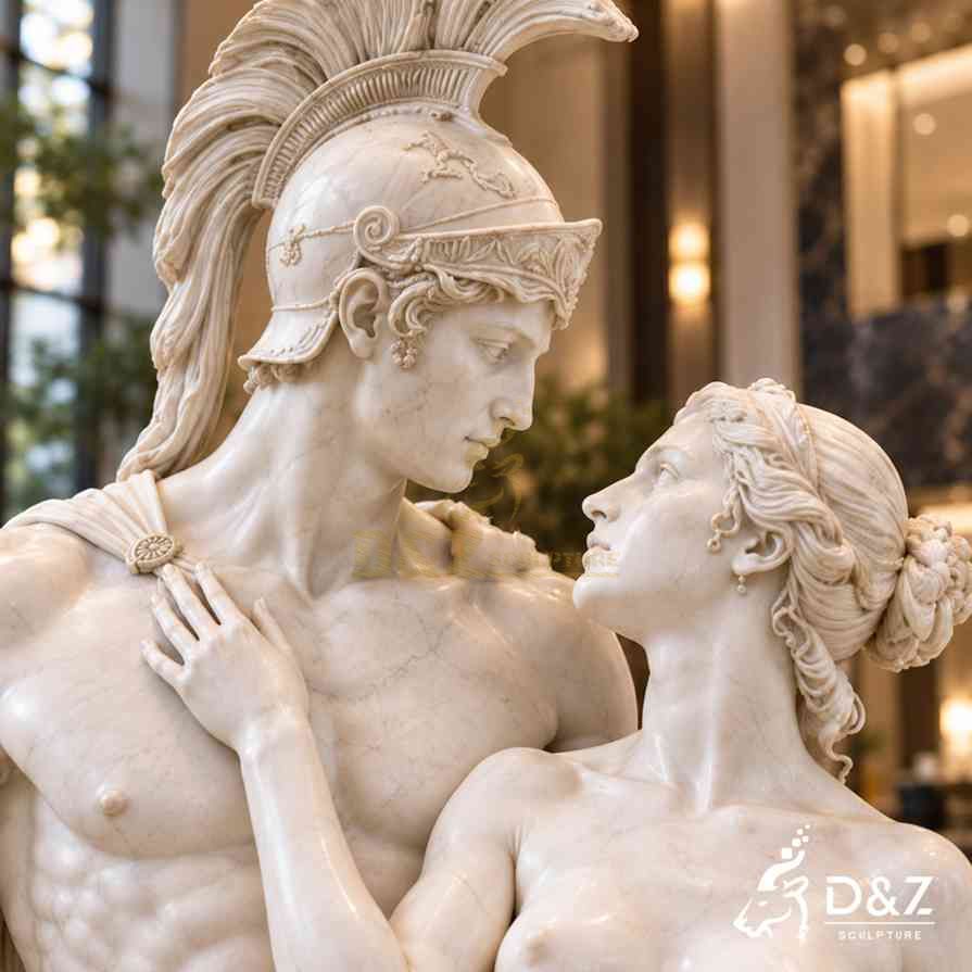 Close-up of Mars and Venus statue showing Roman helmet, facial expressions, and carved hair details