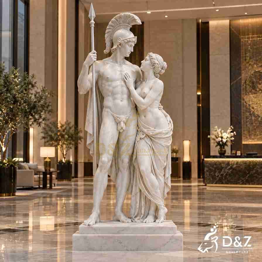 Hand-carved Mars and Venus statue featuring the Roman god of war embracing Venus