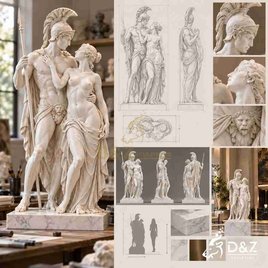Mars and Venus statue design drawings showing proportions, multiple views, details, and pedestal plan