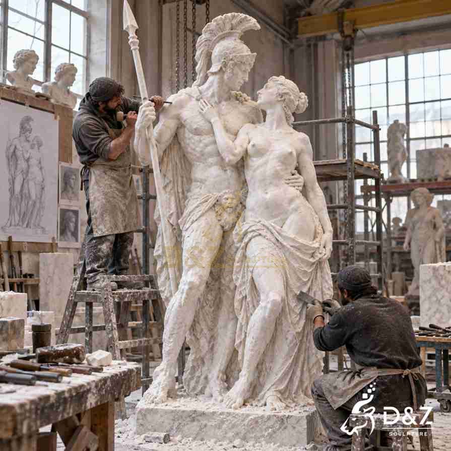 Artisans hand carving a large white marble Mars and Venus statue in the sculpture workshop