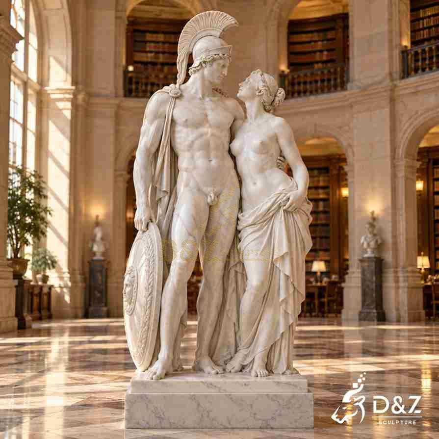 Marble Roman statue of Mars and Venus with shield displayed in a classical library hall