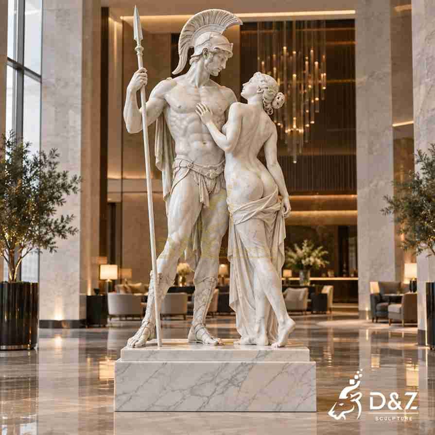 Rear view of a love and war statue showing Venus body curves, drapery, and Mars with spear