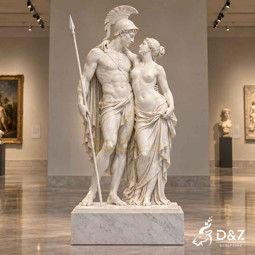 Ares and Aphrodite statue in white marble displayed as classical figurative art in a museum gallery