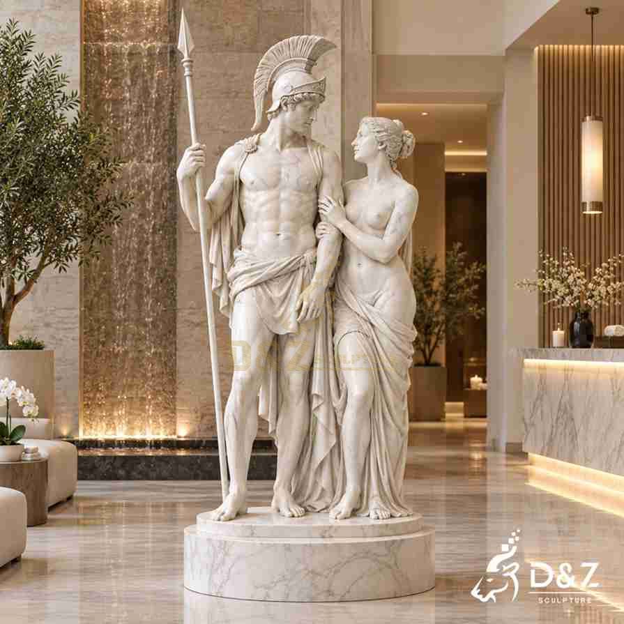 Large Roman gods and goddesses statue of Mars and Venus displayed in a luxury interior