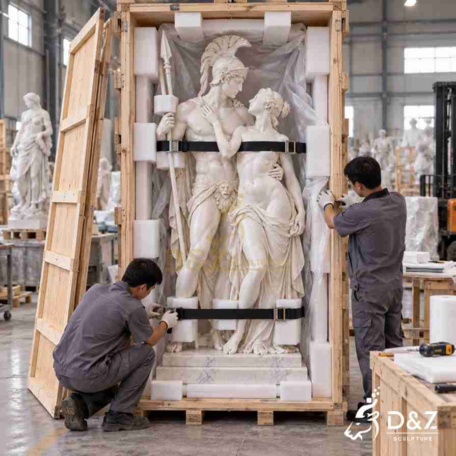 Mars and Venus marble statue secured with foam and straps inside a reinforced wooden shipping crate