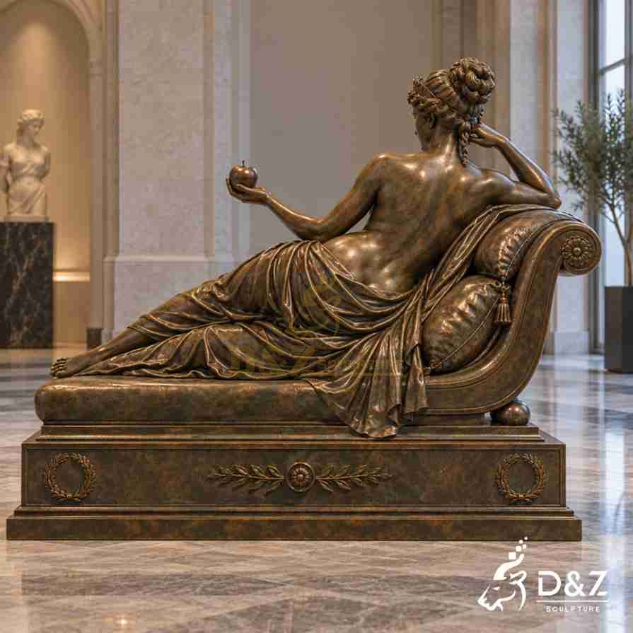 Rear view of a bronze Venus Victrix statue showing detailed hair, back contours, drapery, and classical chaise