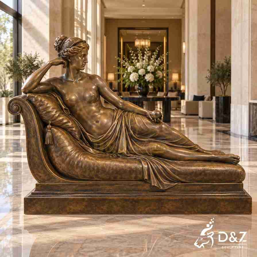 Large bronze Venus Victrix statue with reclining pose and apple displayed in a luxury hotel lobby