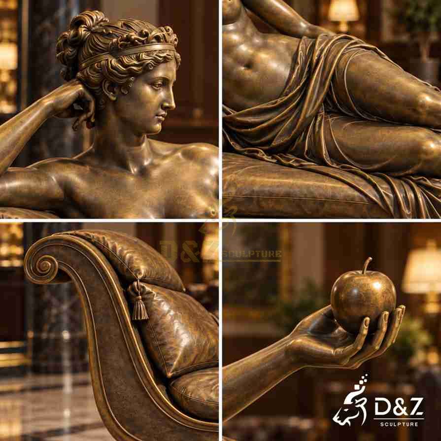 Close-up details of a Venus Victrix statue showing facial features, bronze drapery, chaise cushion, and apple