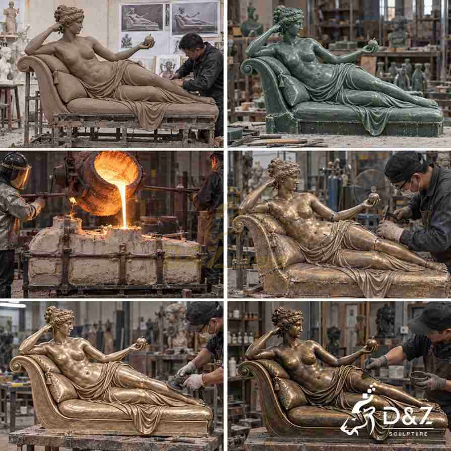 Bronze Venus statue production process showing clay modeling, casting, welding, polishing, and patina finishing