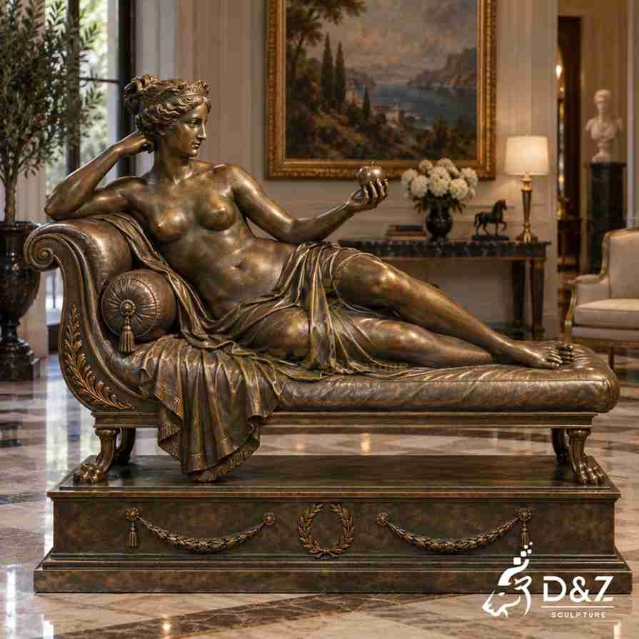 Goddess Venus statue in antique bronze finish reclining on a classical chaise with an apple