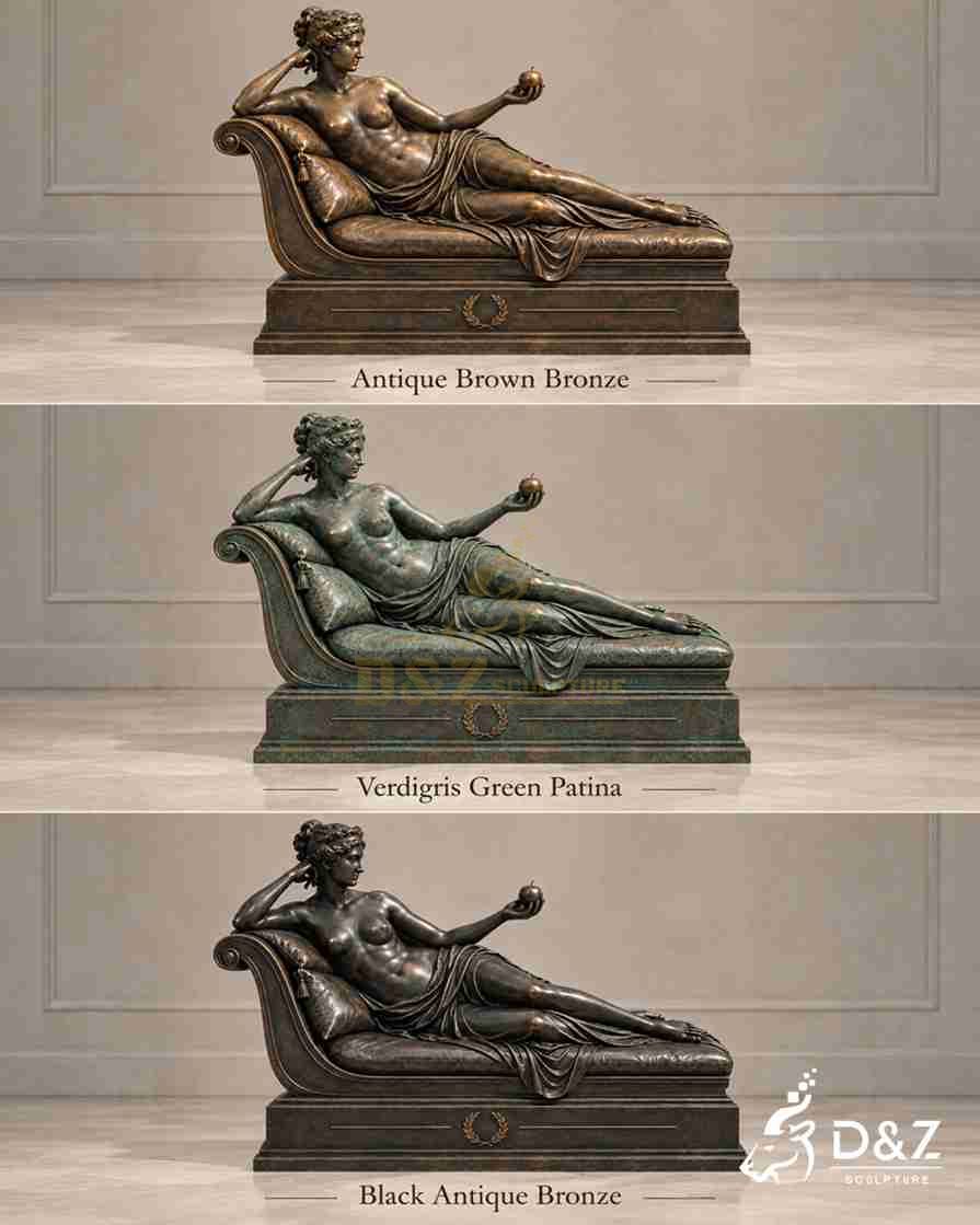 Venus Victrix statue patina comparison in antique brown bronze, verdigris green, and black antique bronze