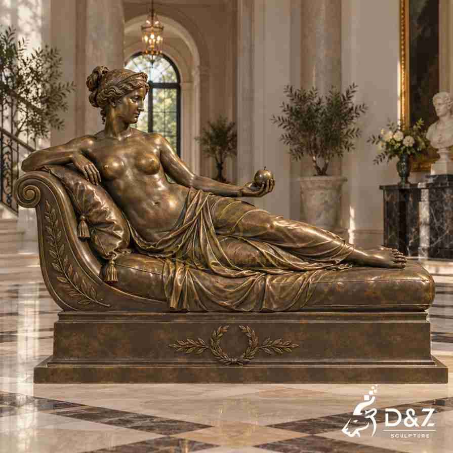 Classical bronze Venus Victrix sculpture with flowing drapery and apple displayed in an elegant interior hall