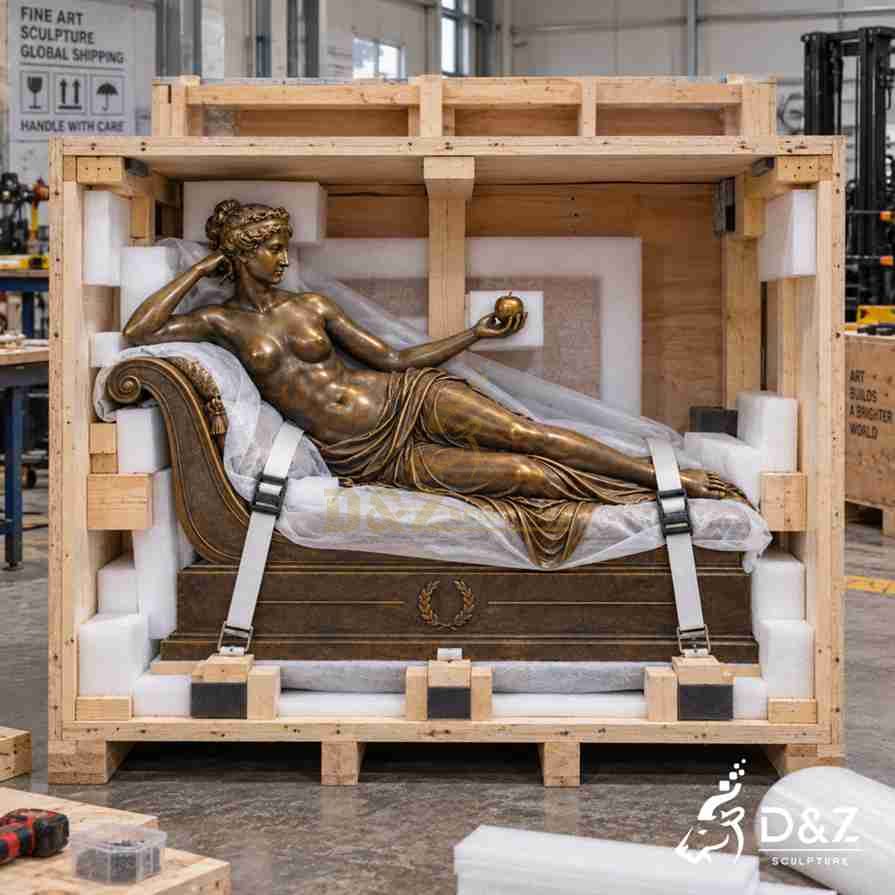 Bronze Venus Victrix statue secured with foam and straps inside a reinforced wooden shipping crate