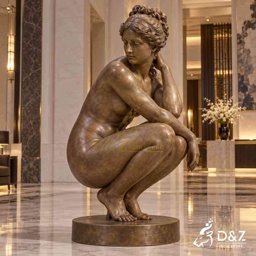 Large bronze Crouching Venus statue in a deep squat pose displayed in a luxury hotel lobby