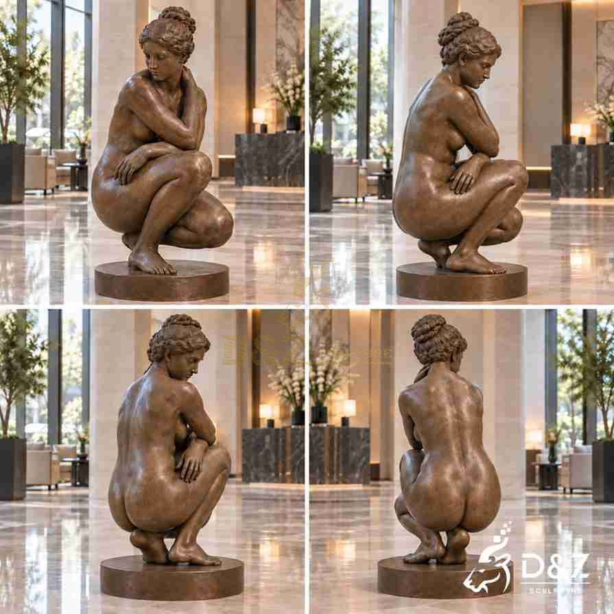 Four-angle views of a bronze Crouching Venus statue showing front, side, three-quarter, and rear details