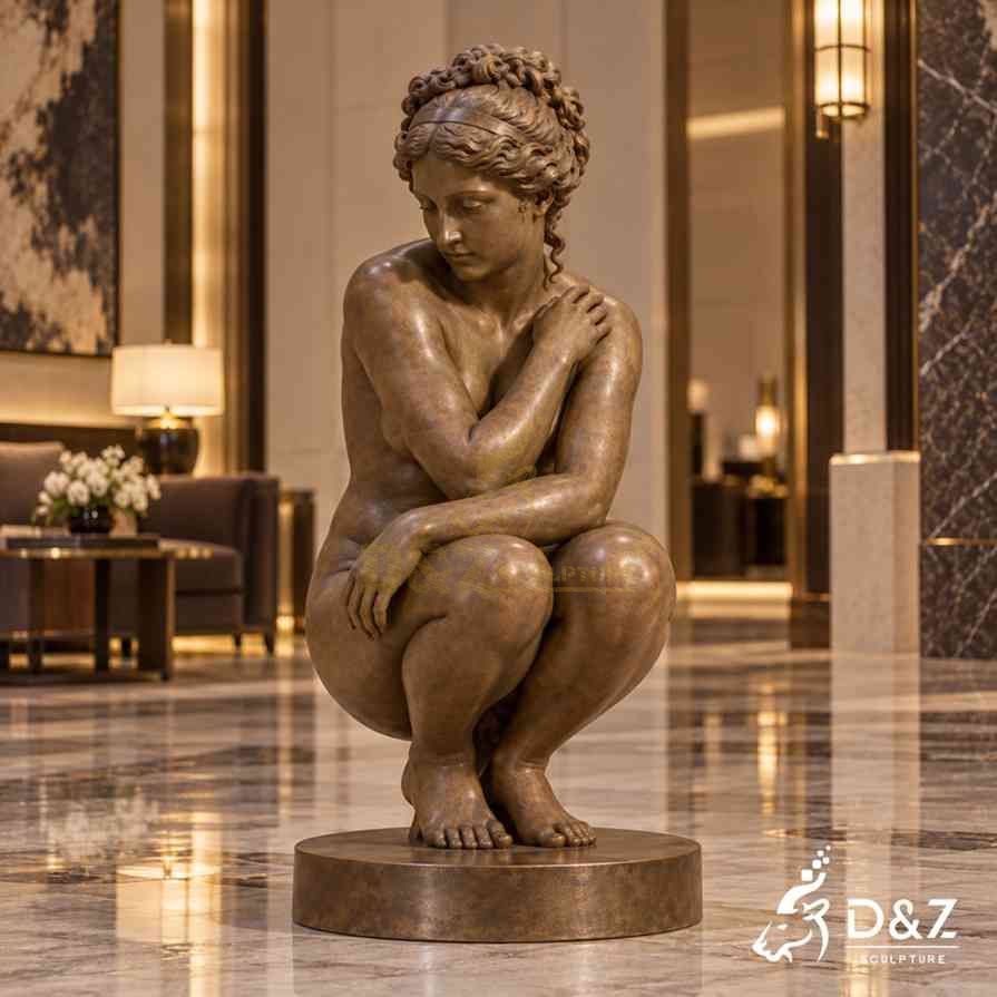 Bronze Crouching Venus statue with lowered gaze and modest crossed-arm pose on a round pedestal