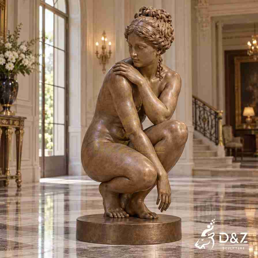 Classical bronze Venus statue in a crouching pose with detailed hair, hands, and body contours in a luxury interior